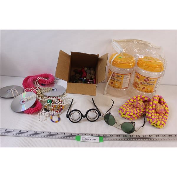 Lot of: Steampunk Sunglasses, Beer Goggles, Cd Necklaces, Rocks in a Box, Misc.