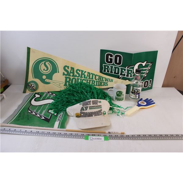 Lot of: Saskatchewan Roughriders Memorabilia (Hat, Flags, Mugs, Clapper, Misc.)