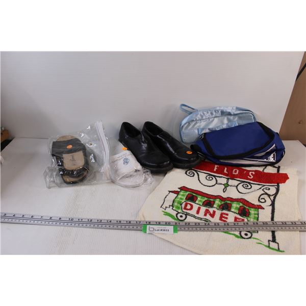 Lot of: (3) Women's Size 8 Shoes, (2) Bags, Flo's Diner Towel