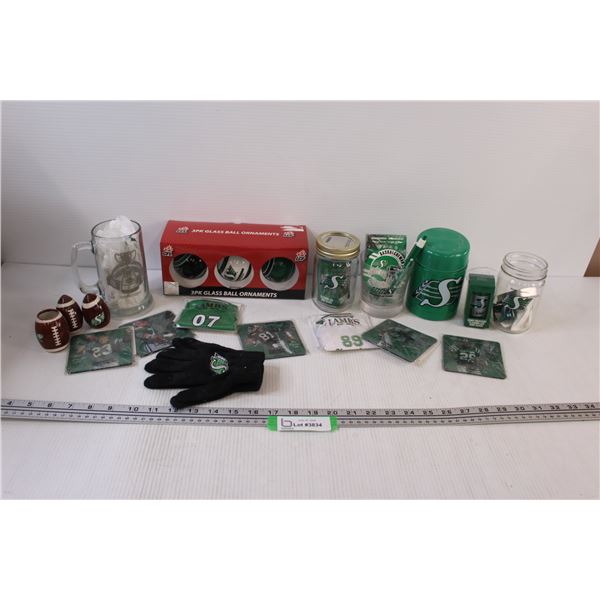 Lot of Saskatchewan Roughriders Memorabilia: Cups, Gloves, Ornaments, Coasters, Mini Jerseys, Misc.