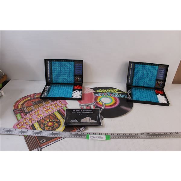 Lot of: Portable Battleship (All Ships Accounted for), St. Paul's 1982 Glass Plate, Rock n Roll & Sw