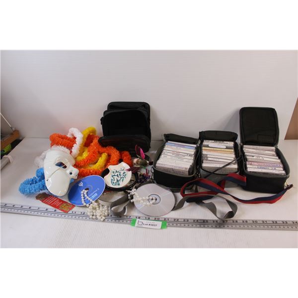 Lot of: (3) Cassettes Holders w/Cassettes, Cd Necklaces, Misc.