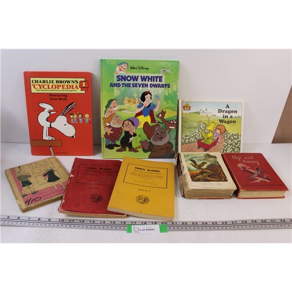 (8) Kids Books: Charlie Brown's Cyclopedia, Snow White, Up & Away, Misc.