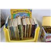 Image 2 : Lot of: Various Kids Books in Yellow Rubbermaid, (5) Metal Cars, Hockey Pucks, Coasters