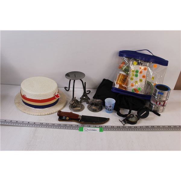 Lot of: Hunting Knife, Politician Hat, Metal Landmark Desk Decor, Compass, Misc.