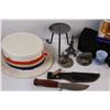 Image 2 : Lot of: Hunting Knife, Politician Hat, Metal Landmark Desk Decor, Compass, Misc.