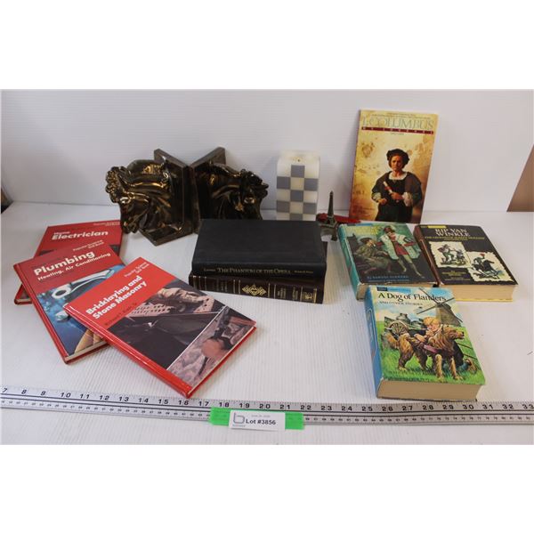 Lot of: (9) Books: Phantom of the opera, Home Fix-it books, Rip Van Winkle, Misc., Bookends (one bro
