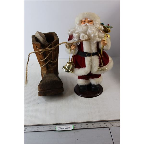 Wood Carved Boot Decoration with Rocks, Standing Santa - 17"H