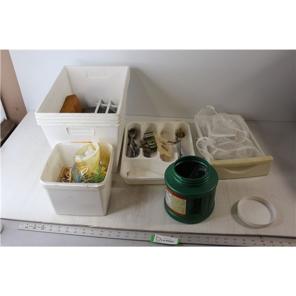 (4) Storage Containers, Mesh Net, Assorted Tools & Screws