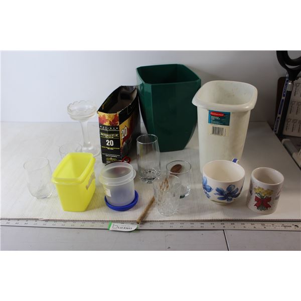 Assorted Glasses & Coffee Mugs, Tiny Garbage Bin, Flower Pot, Leaf garbage Bags, Misc.