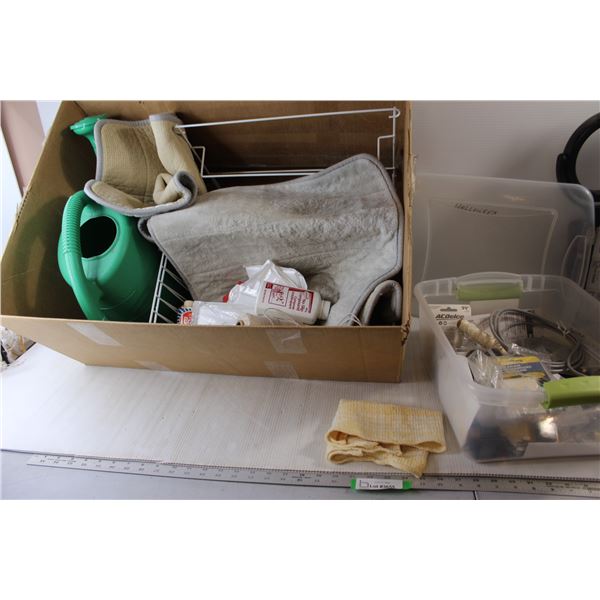 Watering Can, Assorted Batteries, (2) Bath Mats, Misc.