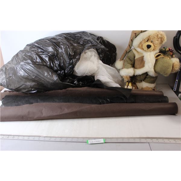 (4) Rolls of Landscaping Fabric, Garbage Bag with Landscaping Fabric, Teddy Bear Christmas Decoratio