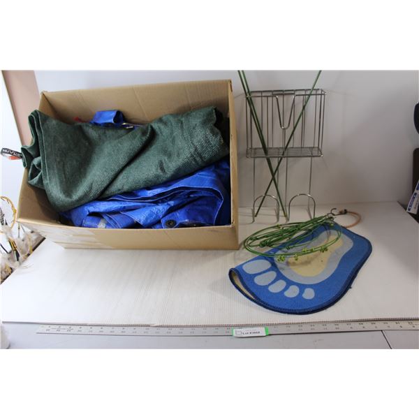 (2) Tarps, Shower Caddy, Miniature Rug, Misc.