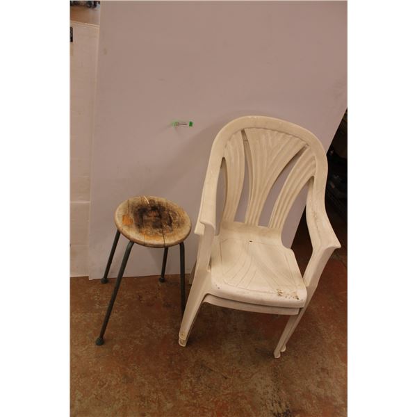 *(2) White Plastic Chairs, Stool - 16" x 17" x 24 1/2"