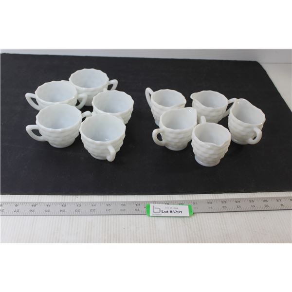 (10) Jeanette Milk Glass Cubis Cream and Sugar