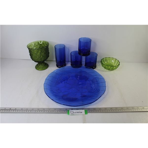 Blue Plate - Blue Glasses - Green Bowl - Green Vase/Dish