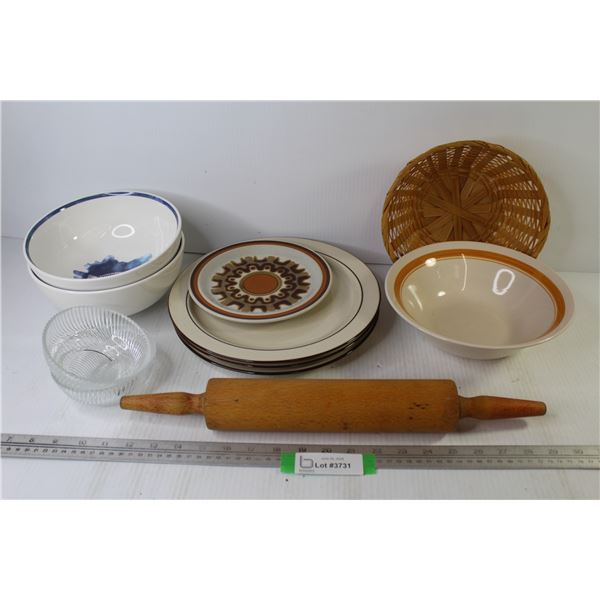 Assortment of Platers & Bowls - Wooden Rolling Pin