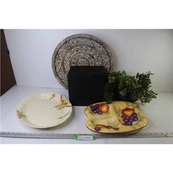Metal Box Shelf - Large Carved Wooden Bowl/Dish - Faux Plant in Plastic Pot - Divided Platter (has c