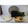 Image 1 : Metal Box Shelf - Large Carved Wooden Bowl/Dish - Faux Plant in Plastic Pot - Divided Platter (has c