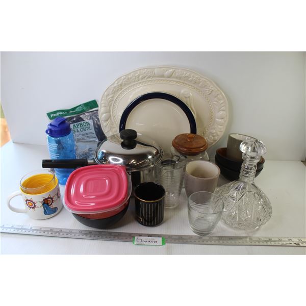 Large Turkey Platter - Tool Apron (NIB) - Crystal Decanter - Sauce Pan w/Lid - Misc. Kitchen Ware