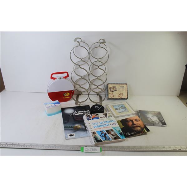 Wine Bottle Rack - Foam Puck - Cabela's Tin Case - Winter Geese Playing Cards - (2) Books - (3) CDs 