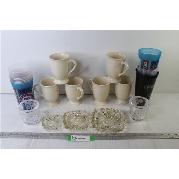 Thick Glass Candle Holders - (3) Matching Glass Ashtrays - (6) Matching Cups - Plastic Drinking Cups