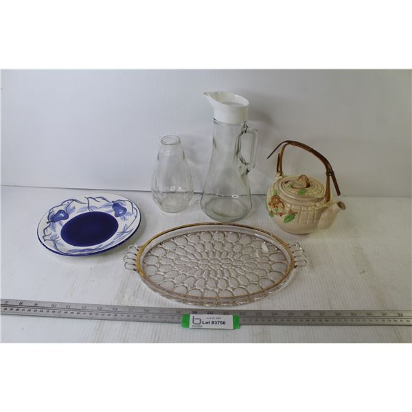 Vintage Platter w/Handles - Teapot - Glass Pitcher & Jar - Plate w/Pear Pattern