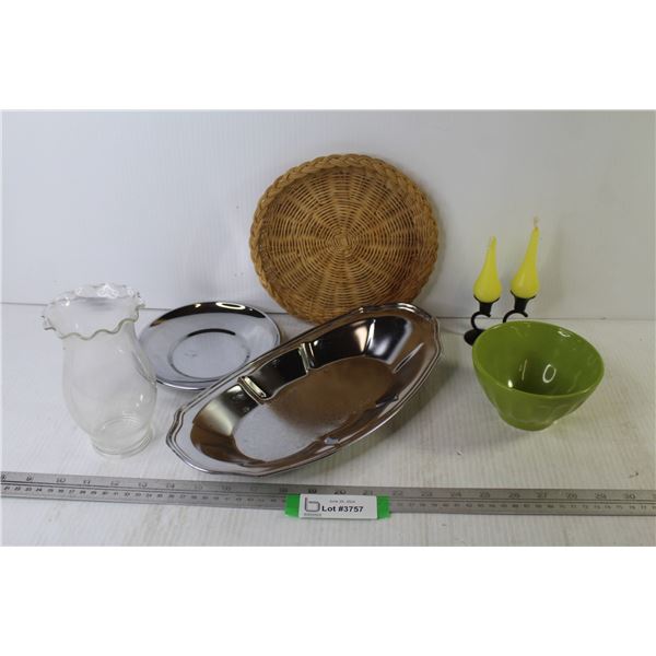 2" Oil Lamp Chimney - Candles w/Holders - Metal Tray & Plate - Green Bowl - Wicker Plate