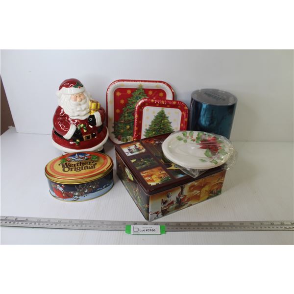 Ceramic Santa Cookie Jar - Tin Containers - Paper Plates - Tin Container