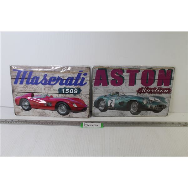(2) Tin Car Signs - Aston - Maserati (NEW)