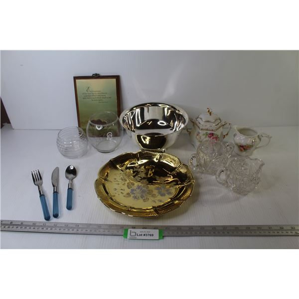Gold Coloured Glass Plate - (2) Sets of Creamer & Sugar Bowls - (3) Acrylic Handled Cutlery Pieces -