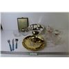 Image 1 : Gold Coloured Glass Plate - (2) Sets of Creamer & Sugar Bowls - (3) Acrylic Handled Cutlery Pieces -