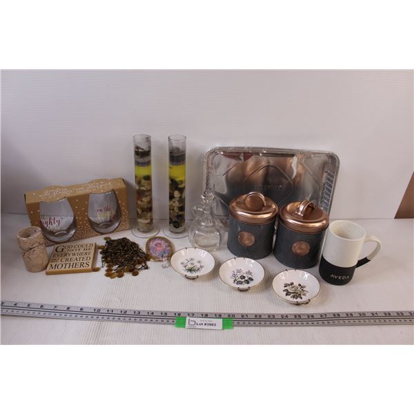 Lot of: Coffee & Tea Tins, (3) Royal Worcester 4" Wall Decor Plates, Naughty & Nice Wine Glasses - N