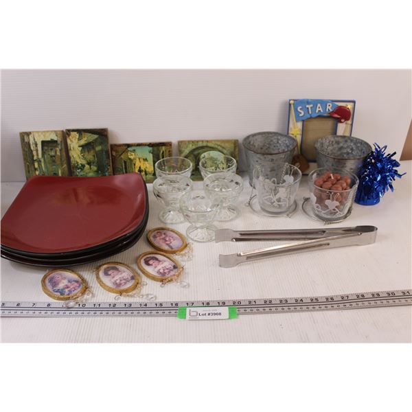 Lot of: (5) Glass Sundae Dished, (2) Hanging Candle Holders, (2) Metal Planters, (3) Square Plates, 