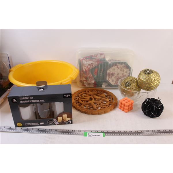 Lot of: LED Candle Set (One Missing), Wooden Wall Decor, Christmas Placemats (misc.), Glass Serving 