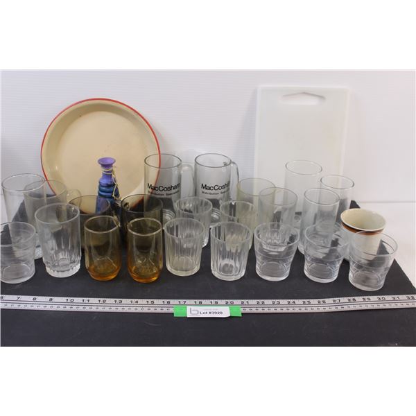 (24) Glass Cups in Various Styles & Hues, Cutting Board, Tin Serving Plate