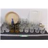 Image 1 : (24) Glass Cups in Various Styles & Hues, Cutting Board, Tin Serving Plate