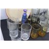 Image 2 : (24) Glass Cups in Various Styles & Hues, Cutting Board, Tin Serving Plate