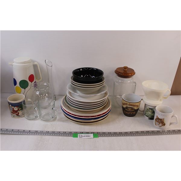 (20) Various Mixed Dishes Lot, Balloon Thermos, Mugs, Glass Canister, Misc. in Tote (No lid)