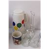 Image 2 : (20) Various Mixed Dishes Lot, Balloon Thermos, Mugs, Glass Canister, Misc. in Tote (No lid)