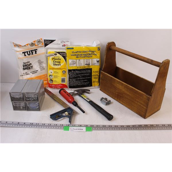 Wooden Tool Box, Hammer, Square, (3) Plastic Drop Sheets, Shop Parts Organizer, Misc.