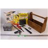 Image 1 : Wooden Tool Box, Hammer, Square, (3) Plastic Drop Sheets, Shop Parts Organizer, Misc.