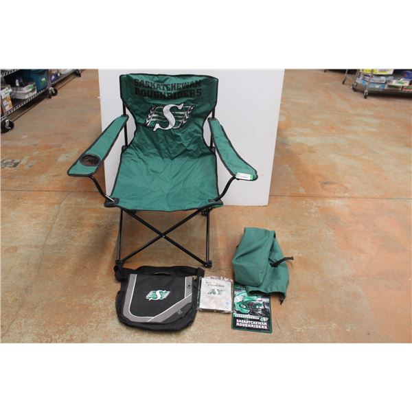 Saskatchewan Roughriders Lawn Chair, New Rain Poncho, Sign, and Shoulder Carrying Bag