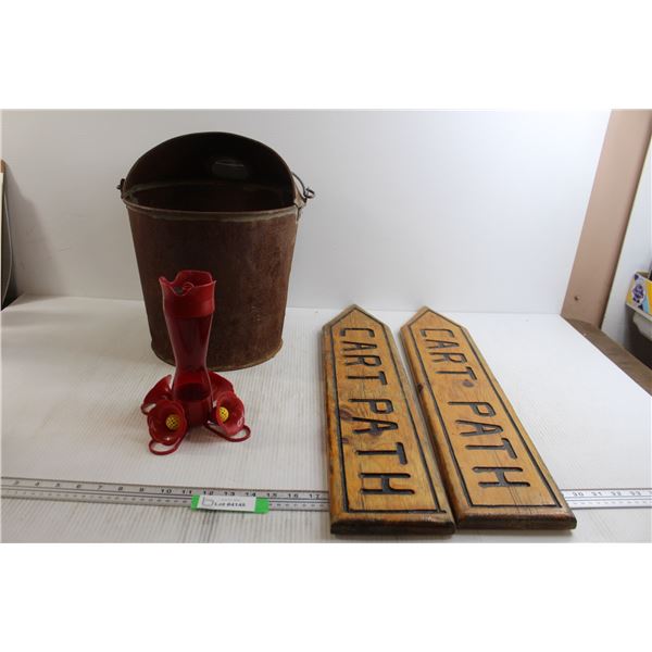 Pail - Rust Damage and Holes, Hummingbird Feeder, (2) Cart Path Signs
