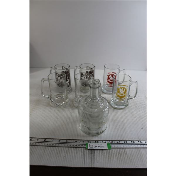 (6) Glass Mugs, Decorative Liquor Bottle
