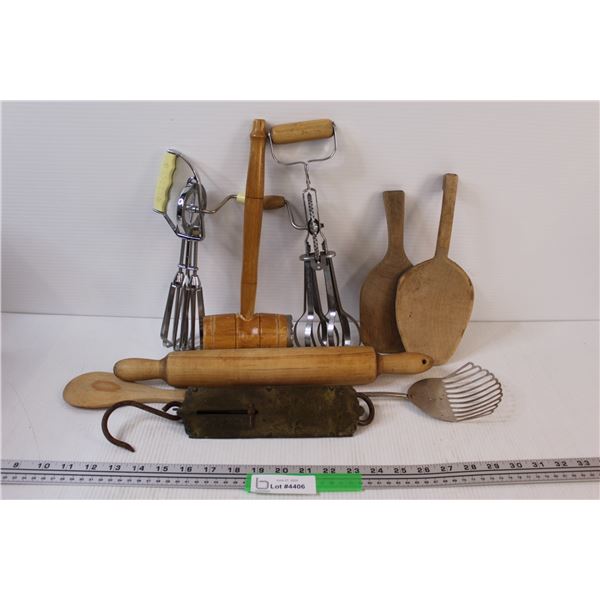 (9) Lot of Vintage Kitchenware: Old Wooden Spoons; Hand Mixers; Scale