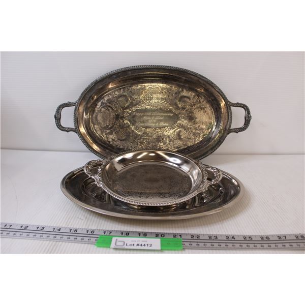 (3) 2 - Chrome Platters & 45th Anniversary Silver Plate Platter 18 1/2" x 10"