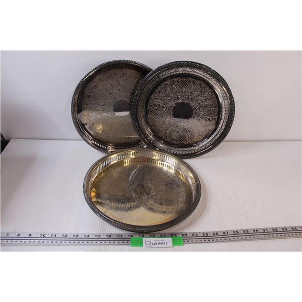 (3) 2 - Silver Plate on Brass Platters & SKOR Chrome Serving Platter 12 1/2" Wide