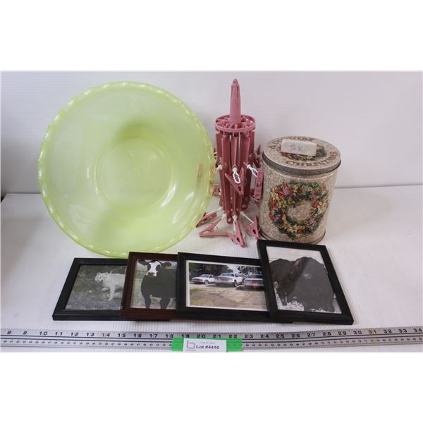 (8) Large Plastic Bowl; Clothes Pin Hanger; Tin; 4 - Framed Photos