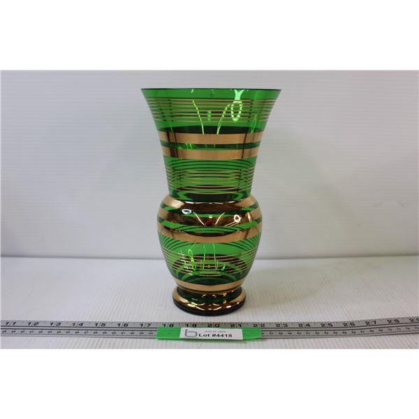 MCM Green With Gold Rings Glass Vase 10 1/4" Tall - 2 Small Chips on Top